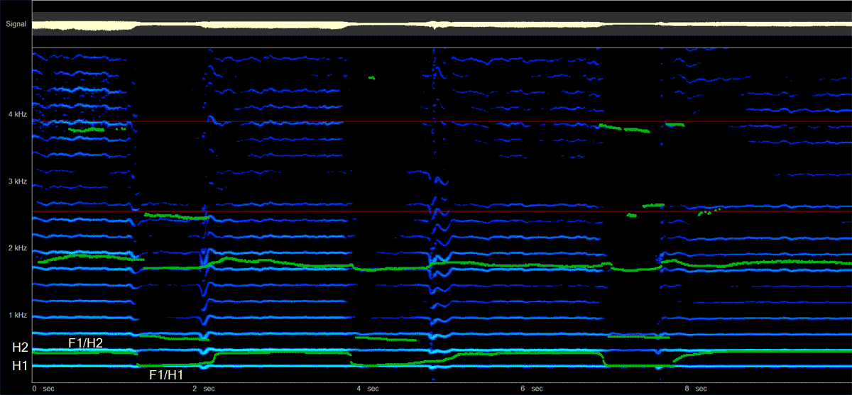Voiceprint showing Formant and Harmonic tracking of Belt quality (F1/H2)